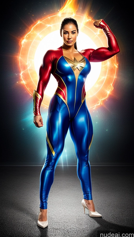 ai nude image of a woman in a blue and red costume posing for a picture pics of Suit Superhero Perfect Boobs Bodybuilder Powering Up