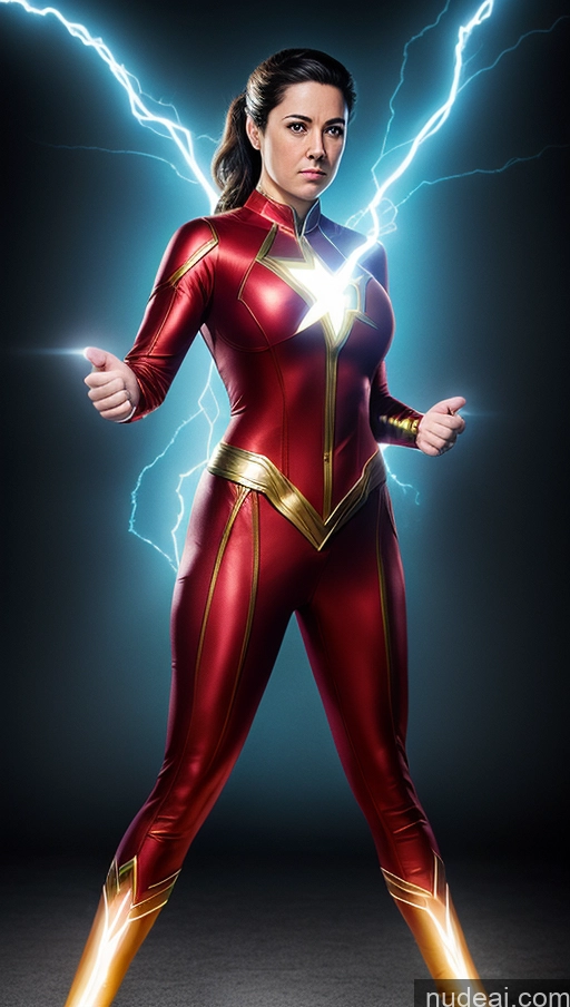 ai nude image of araffe woman in a red and gold costume with lightning pics of Suit Mary Thunderbolt Powering Up