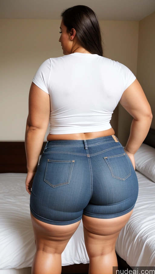 ai nude image of araffe woman in a white shirt and blue jeans standing in a bed pics of Athlete Big Ass Big Hips Jeans Bedroom Short Shorts