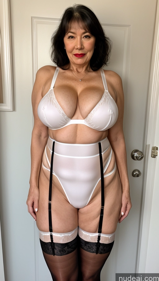 ai nude image of araffe woman in a white lingerie posing for a picture pics of Milf One Busty Big Ass Big Hips Pubic Hair Fairer Skin Lipstick 60s Black Hair Asian Partially Nude Suspender Belt