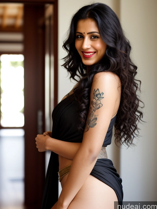 ai nude image of arafed woman with a tattoo on her arm and a black dress pics of Woman One Small Tits Lipstick Small Ass Abs Tall Curly Hair Fairer Skin 20s Black Hair Indian Front View Sari Pubic Hair Tattoos Sunglasses Happy