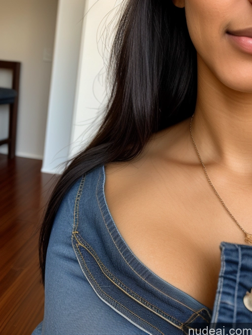 ai nude image of there is a woman with a necklace on her neck and a blue shirt pics of Woman One Small Tits Big Ass Skinny 18 Black Hair Long Hair Brazilian Close-up View Detailed Blouse Jeans