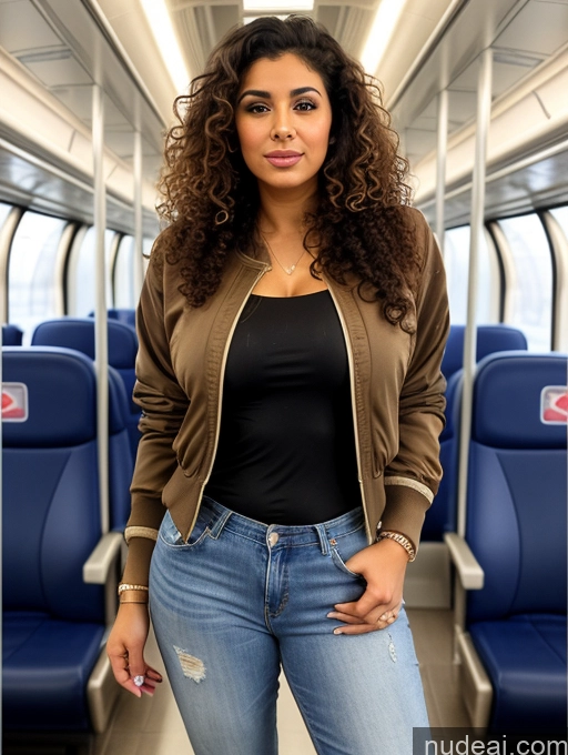 ai nude image of araffe woman in jeans and a jacket standing in a train pics of Woman Thick Brunette Arabic Front View Beautiful Tanned Skin Perfect Boobs 20s Big Ass Bomber Jeans Curly Hair Several Train Shirt