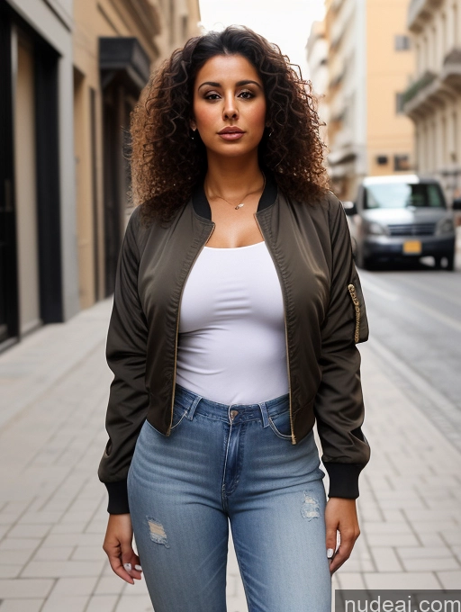 ai nude image of araffe woman in a white top and jeans standing on a sidewalk pics of Woman Thick Brunette Arabic Front View Beautiful Tanned Skin Perfect Boobs Big Ass Bomber Jeans Curly Hair Several Shirt Street 30s