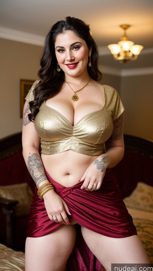 ai nude image of araffe woman in a gold top and red skirt posing for a picture pics of Milf Busty Beautiful Thick Chubby Big Hips Fat Fairer Skin 20s Happy Seductive Brunette Long Hair Russian Party Front View Straddling Sari Blouse Dirndl Victorian Cleavage Gold Jewelry Lipstick Tattoos