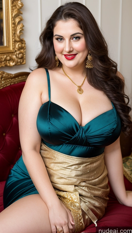 ai nude image of araffe woman in a green dress sitting on a red couch pics of Milf Busty Beautiful Thick Chubby Big Hips Fat Fairer Skin 20s Happy Seductive Brunette Long Hair Russian Party Front View Straddling Sari Blouse Dirndl Victorian Cleavage Gold Jewelry Lipstick