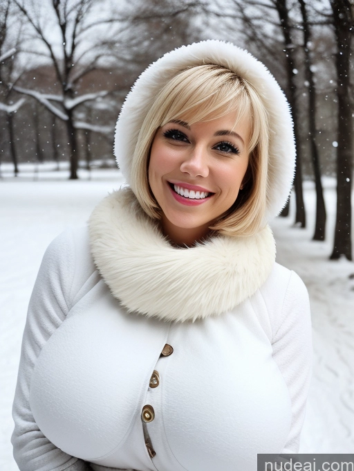 ai nude image of smiling woman in white coat and fur collar in snow covered park pics of Woman Busty Beautiful 20s British Happy Laughing Huge Boobs Skinny Blonde Short Hair Snow Fur