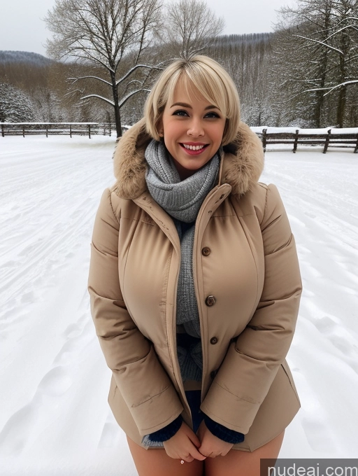 ai nude image of blond woman in winter coat posing for a picture in the snow pics of Woman Busty Huge Boobs Beautiful Skinny 20s Happy Laughing Blonde Short Hair British Fur Boots Snow