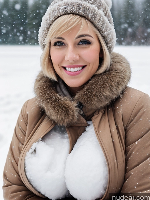 ai nude image of blond woman in winter coat and hat posing for a picture pics of Woman Busty Beautiful Skinny 20s Happy Laughing Huge Boobs Short Hair Blonde Snow Fur