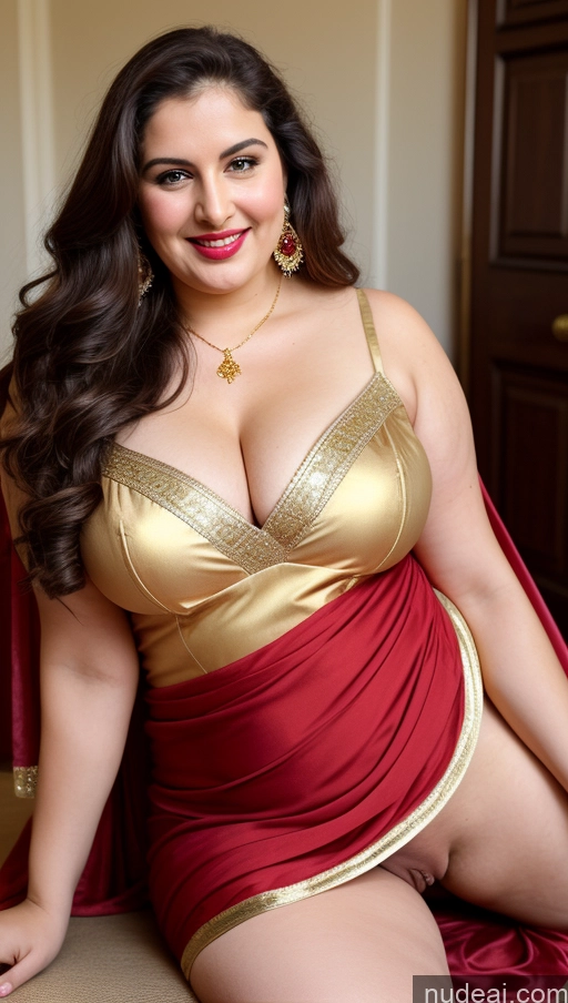 ai nude image of araffe woman in a red and gold dress posing for a picture pics of Milf Busty Beautiful Lipstick Thick Big Hips Chubby Fat 20s Happy Seductive Brunette Long Hair Russian Party Front View Straddling Sari Blouse Dirndl Victorian Cleavage Gold Jewelry Fairer Skin