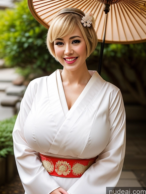 ai nude image of araffe woman in a kimono with an umbrella in a courtyard pics of Woman Busty Beautiful Skinny 20s Happy Laughing Huge Boobs Short Hair Blonde Geisha British Dress