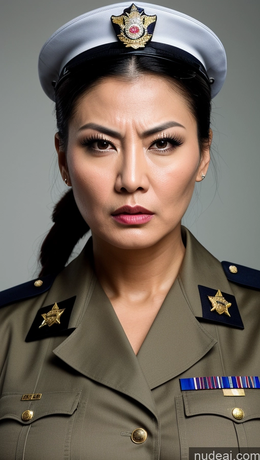 ai nude image of arafed woman in uniform with a medal and a hat pics of Pearl Jewelry Angry Perfect Body Chinese Busty 40s Police Military Cleavage