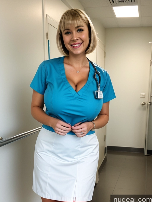 ai nude image of arafed woman in a blue shirt and white skirt standing in a hallway pics of Busty Beautiful Skinny Woman 30s Huge Boobs Happy Laughing Blonde Short Hair British Nurse Hospital Cleavage Micro Skirt