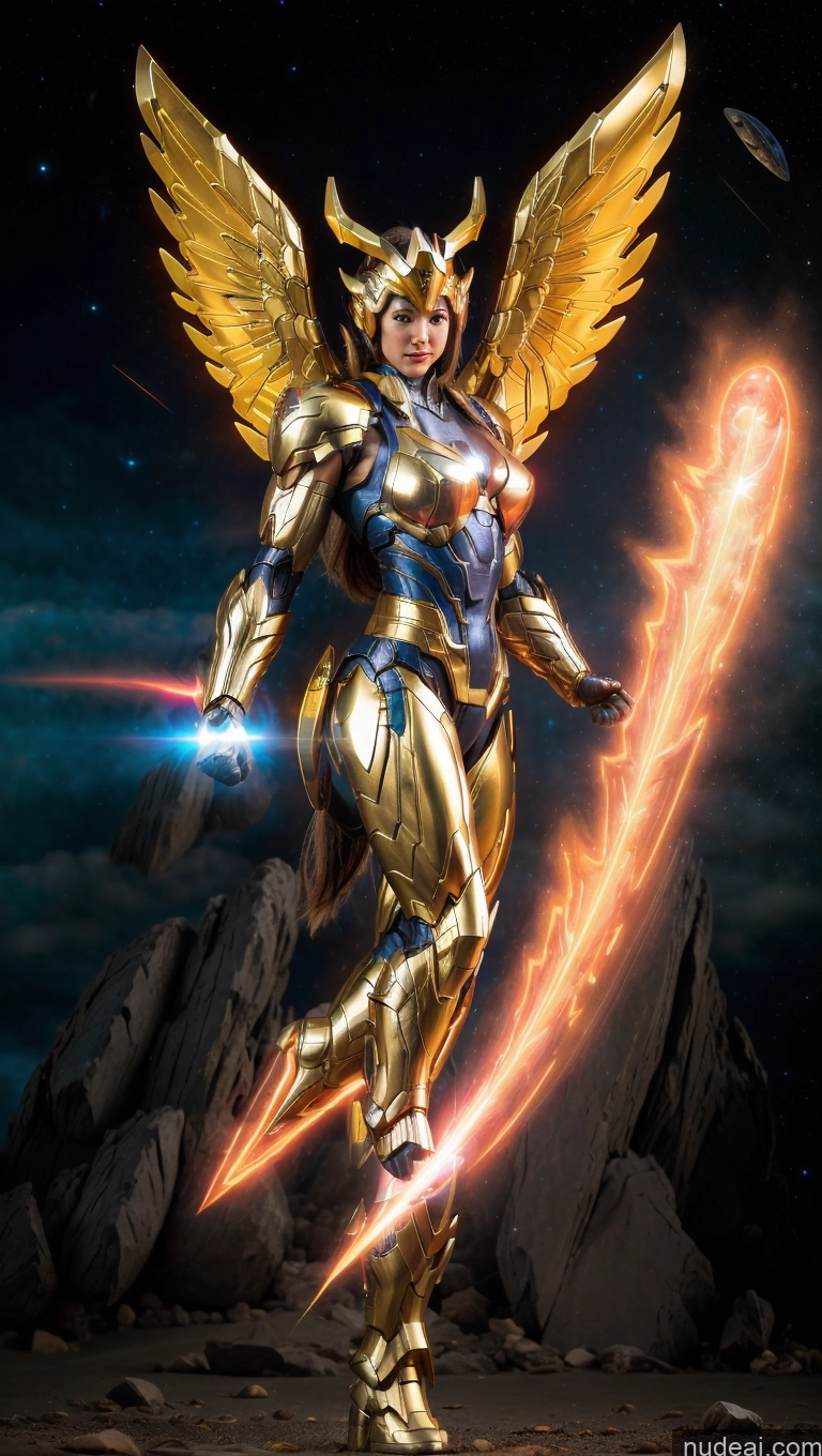 ai nude image of arafed image of a woman in a golden outfit holding a sword pics of Bodybuilder Perfect Boobs Superhero Has Wings Powering Up SSS: A-Mecha Musume A素体机娘