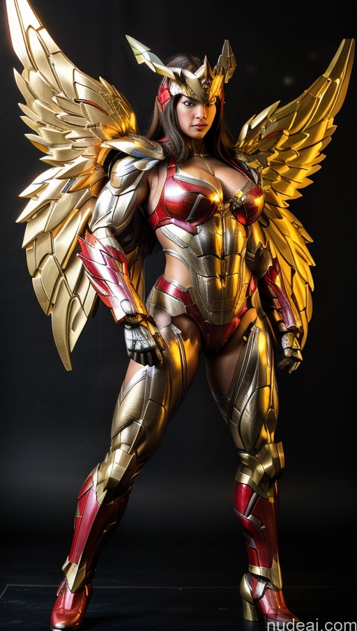 ai nude image of araffe dressed in a gold and red costume with wings pics of Bodybuilder Perfect Boobs Superhero Has Wings Powering Up SSS: A-Mecha Musume A素体机娘 Muscular Abs