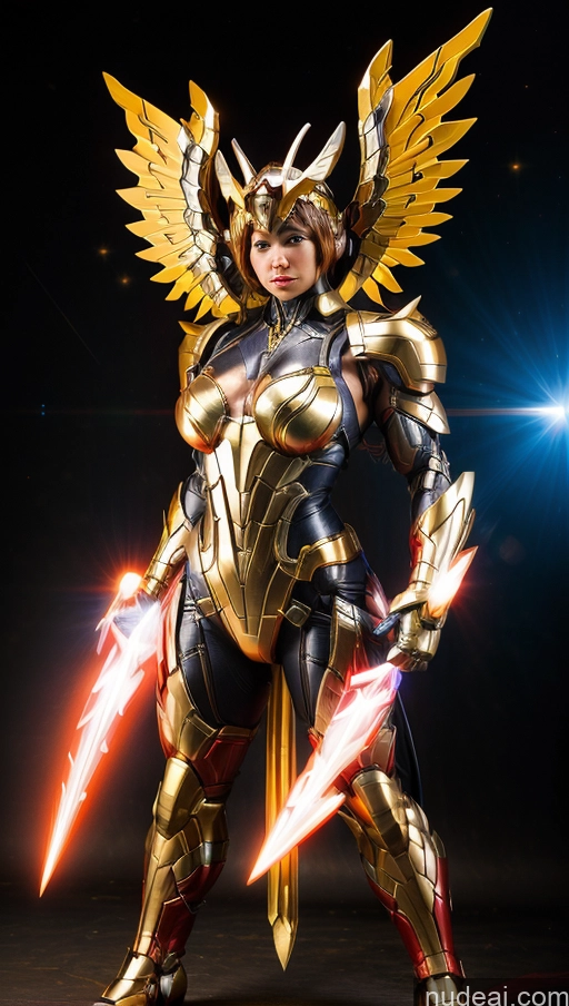 ai nude image of araffed woman in a golden armor with two swords pics of Bodybuilder Perfect Boobs Superhero Has Wings Powering Up SSS: A-Mecha Musume A素体机娘