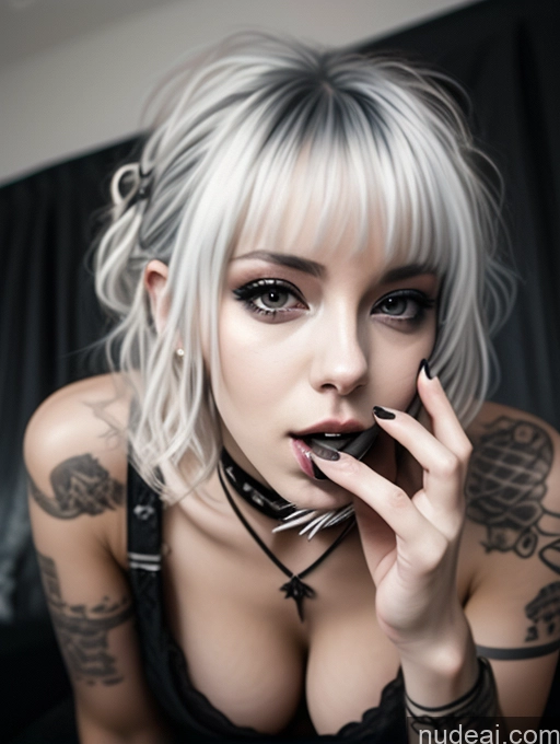 ai nude image of blond woman with tattoos on her arms and chest eating a chocolate pics of Busty Perfect Boobs Gothic Punk Girl One 18 German Nude White Hair Model Seductive Curly Hair Sexy Face Alternative Detailed Close-up View Blowjob Bedroom