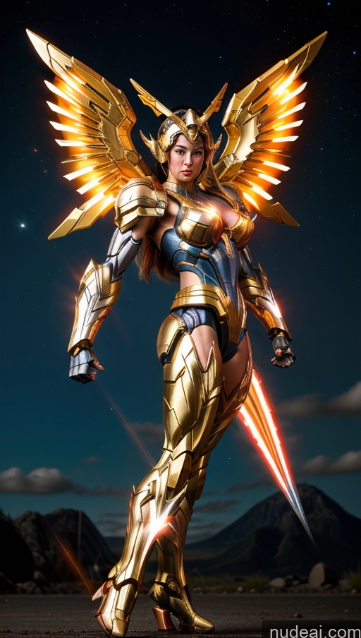 ai nude image of arafed image of a woman dressed in a golden outfit with wings pics of Bodybuilder Perfect Boobs SSS: A-Mecha Musume A素体机娘 Powering Up Has Wings Mary Thunderbolt