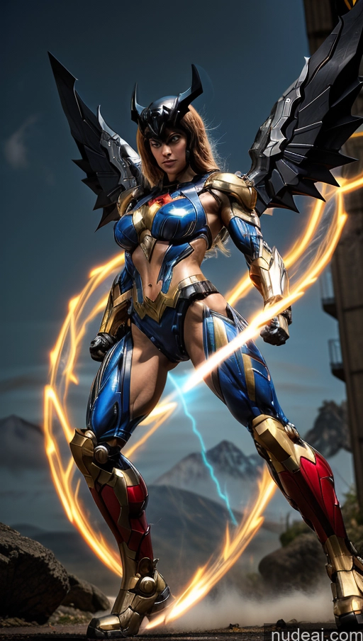 ai nude image of arafed woman in a costume with a sword and a lightning bolt pics of Bodybuilder Perfect Boobs SSS: A-Mecha Musume A素体机娘 Powering Up Has Wings Batwoman Muscular Abs