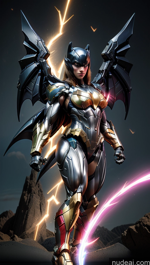 ai nude image of araffe is a female superhero with a lightning bolt in her hand pics of Bodybuilder Perfect Boobs SSS: A-Mecha Musume A素体机娘 Powering Up Has Wings Batwoman Muscular Abs