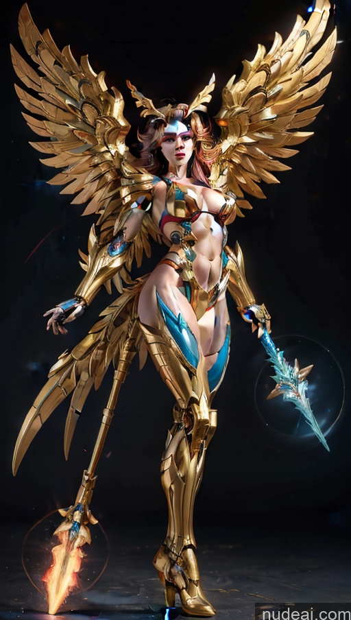 ai nude image of arafed woman in a golden costume holding a sword and a sword pics of Perfect Boobs SSS: A-Mecha Musume A素体机娘 Powering Up Hawkgirl Bodybuilder Has Wings