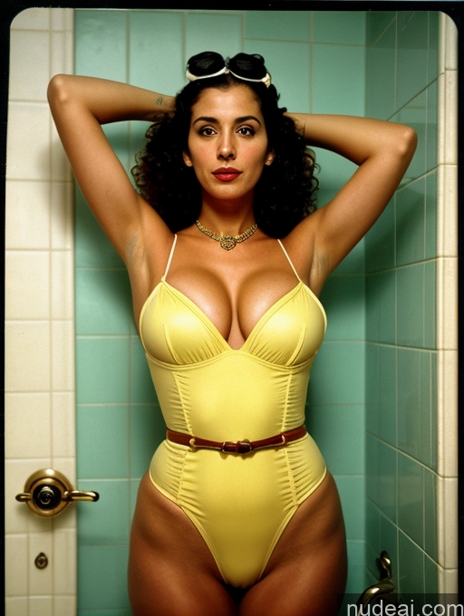 ai nude image of araffe woman in a yellow swimsuit posing in a shower pics of Woman Short Huge Boobs Black Hair Arabic Vintage Front View Jewelry Bathroom 70s Skinny Shocked Curly Hair Victorian Suspender Belt Stockings One Piece Swimsuit