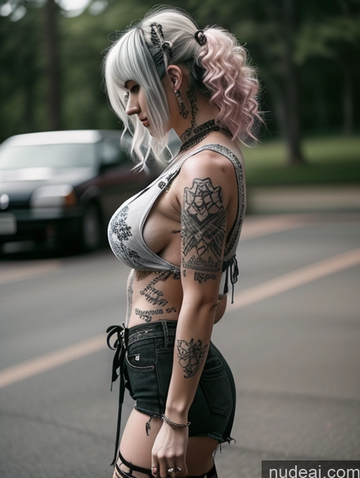 ai nude image of there is a woman with tattoos on her body walking down the street pics of Model Busty Tattoos Beautiful Perfect Boobs Muscular Perfect Body Fairer Skin Gothic Punk Girl 20s Sexy Face 90s Curly Hair British Pink Hair