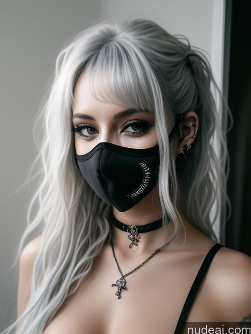 ai nude image of arafed woman with a black mask and cross necklace pics of Busty Perfect Boobs Close-up View Gothic Punk Girl Model Perfect Body Beautiful 18 White Hair Curly Hair Russian Bedroom Nude Detailed One Face Mask