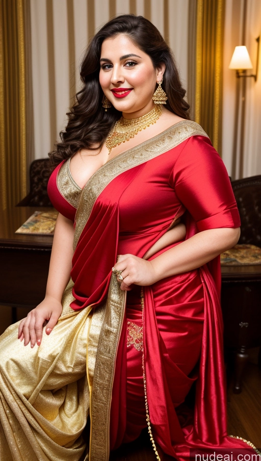 ai nude image of araffe woman in a red and gold sari posing for a picture pics of Milf Busty Beautiful Lipstick Thick Big Hips Chubby Fat Fairer Skin 20s Happy Seductive Brunette Long Hair Russian Party Front View Straddling Sari Blouse Dirndl Victorian Cleavage Gold Jewelry