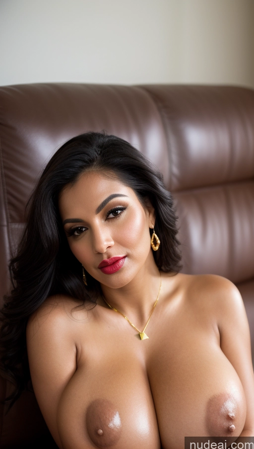 ai nude image of arafed woman with big breast sitting on a couch pics of Miss Universe Model Busty Huge Boobs Beautiful Lipstick Big Ass Fairer Skin 50s Happy Seductive Sexy Face Pouting Lips Black Hair Long Hair Indian Couch Front View Nude Jewelry Gold Jewelry Bright Lighting Detailed