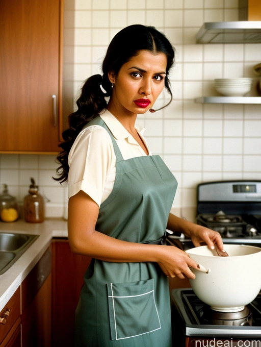 ai nude image of woman in green apron mixing ingredients in bowl in kitchen with stove pics of Woman Two Busty Lipstick Skinny Short Dark Skin 60s Angry Black Hair Pigtails Arabic Vintage Front View Dress Bedroom 60s Apron