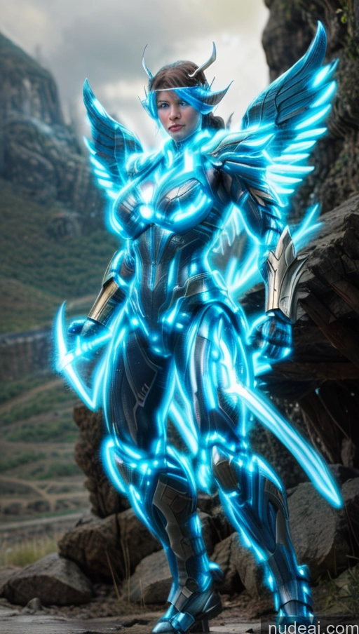 ai nude image of a close up of a person in a costume with a sword pics of Bodybuilder Powering Up Perfect Boobs SSS: A-Mecha Musume A素体机娘 Has Wings Deep Blue Eyes Muscular Abs Neon Lights Clothes: Blue Battlefield