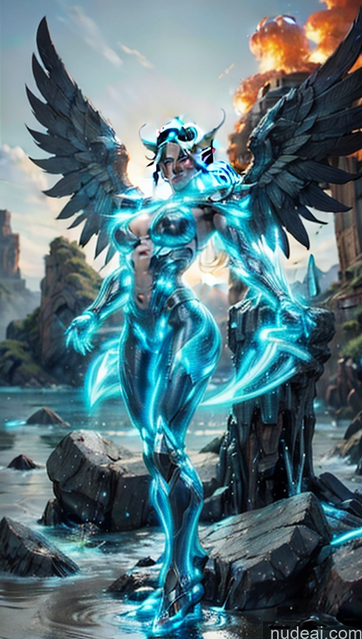 ai nude image of a close up of a person with a blue and black costume pics of Bodybuilder Powering Up Perfect Boobs SSS: A-Mecha Musume A素体机娘 Has Wings Deep Blue Eyes Muscular Abs Neon Lights Clothes: Blue Battlefield