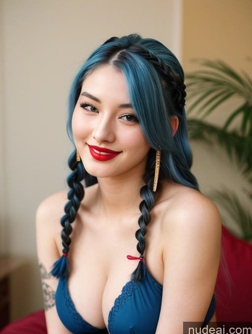 ai nude image of arafed woman with blue hair and a blue bra top pics of Busty Beautiful Lipstick Tattoos Perfect Body Fairer Skin Seductive Laughing Korean 18 Blue Hair Braided 90s