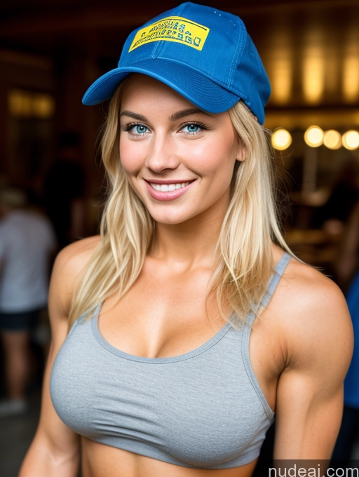 ai nude image of arafed woman in a blue hat and gray top posing for a picture pics of Bodybuilder Beautiful Lipstick Muscular Abs Big Hips 18 Happy Blonde Scandinavian Party Busty Perfect Boobs Construction Worker