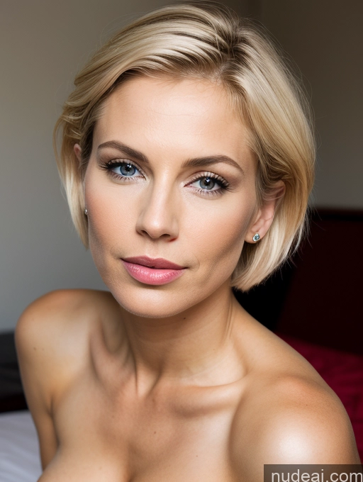 ai nude image of blond woman with big breast posing on bed in bedroom pics of Busty Perfect Boobs Beautiful Skinny Abs Short Perfect Body Tanned Skin Blonde Short Hair Skin Detail (beta) Front View Straddling Nude Dark Lighting Detailed Milf 30s Scandinavian Pouting Lips Bedroom