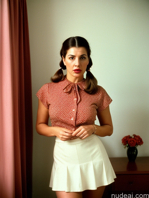 ai nude image of there is a woman standing in a room with a red and white shirt pics of Woman Busty Short Sad Angry Pigtails Vintage Bedroom Front View Dark Lighting Jewelry Lipstick 60s Brunette Jewish High Heels Dress Mini Skirt 60s Blouse