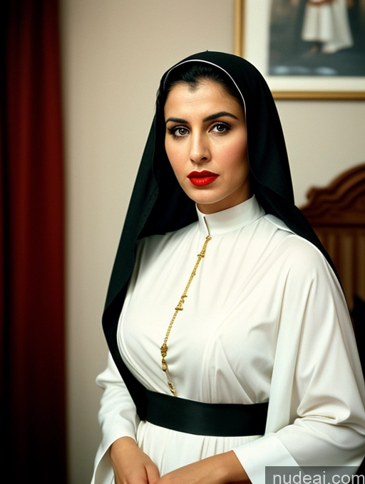 ai nude image of nun in white robe with black head scarf and red lipstick pics of Woman Busty Short Sad Angry Vintage Bedroom Front View Dark Lighting Jewelry Lipstick High Heels Dress 30s Hair Bun Black Hair Nun 60s Arabic