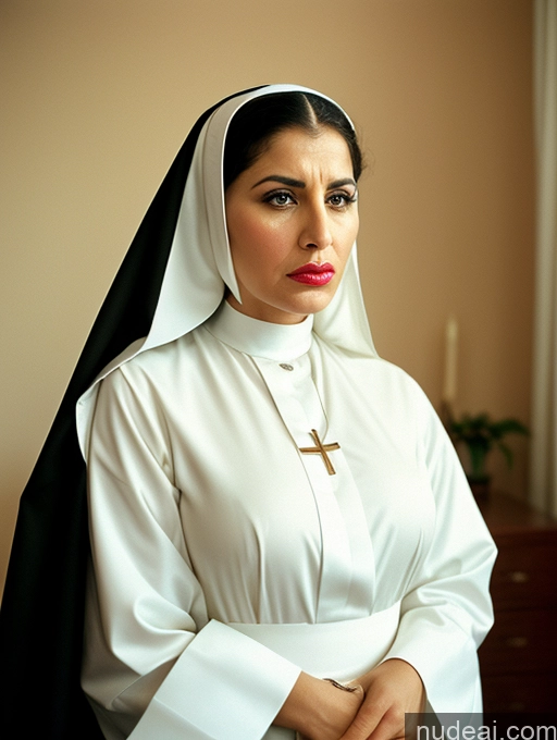 ai nude image of nun in white robe with cross and cross necklace pics of Busty Short Sad Angry Vintage Bedroom Front View Dark Lighting Jewelry Lipstick High Heels Dress Hair Bun Black Hair Nun 60s Arabic Milf 20s