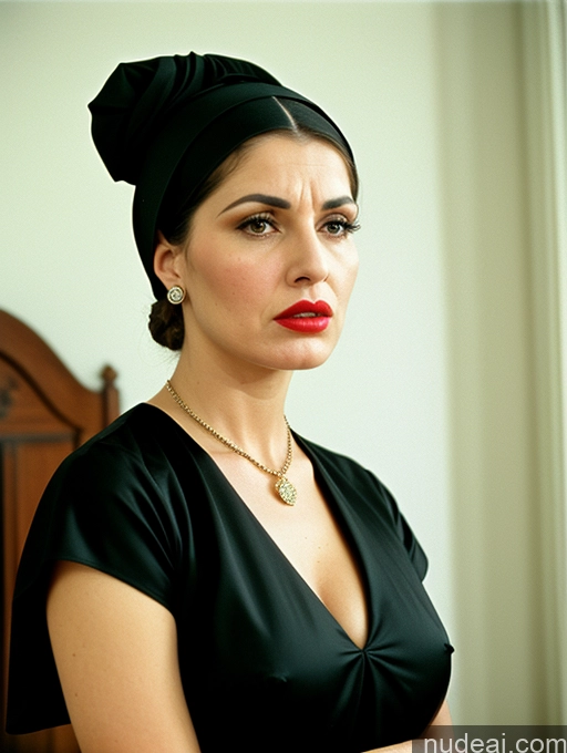 ai nude image of woman in black dress with red lipstick and a black turban pics of Busty Short Sad Angry Vintage Bedroom Front View Dark Lighting Jewelry Lipstick High Heels Dress Hair Bun Black Hair Nun 60s Milf 20s Jewish