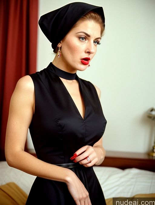 ai nude image of woman in black dress and red lipstick posing on bed pics of Busty Short Sad Angry Vintage Bedroom Front View Dark Lighting Jewelry Lipstick High Heels Dress Hair Bun Nun 60s 20s Shocked Woman Jewish Ginger