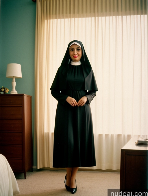 ai nude image of arafed woman in a nun's outfit standing in a bedroom pics of Busty Short Vintage Bedroom Front View Dark Lighting Jewelry Lipstick High Heels Dress Hair Bun Nun 60s 20s Shocked Woman Ginger Laughing Arabic