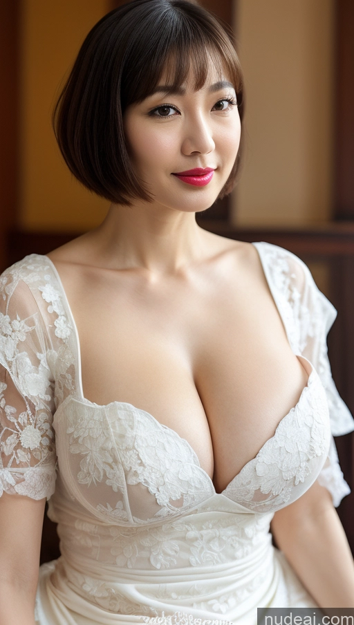 ai nude image of arafed asian woman in a white dress posing for a picture pics of Woman One Huge Boobs Beautiful Lipstick Fairer Skin 40s Short Hair Korean Close-up View Detailed Dress Traditional