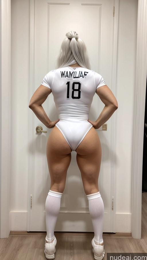 ai nude image of arafed woman in a white shirt and socks standing in front of a door pics of Milf Several Huge Boobs Big Ass Big Hips Long Hair 18 White Hair Russian Gymnast Outfit Soft + Warm