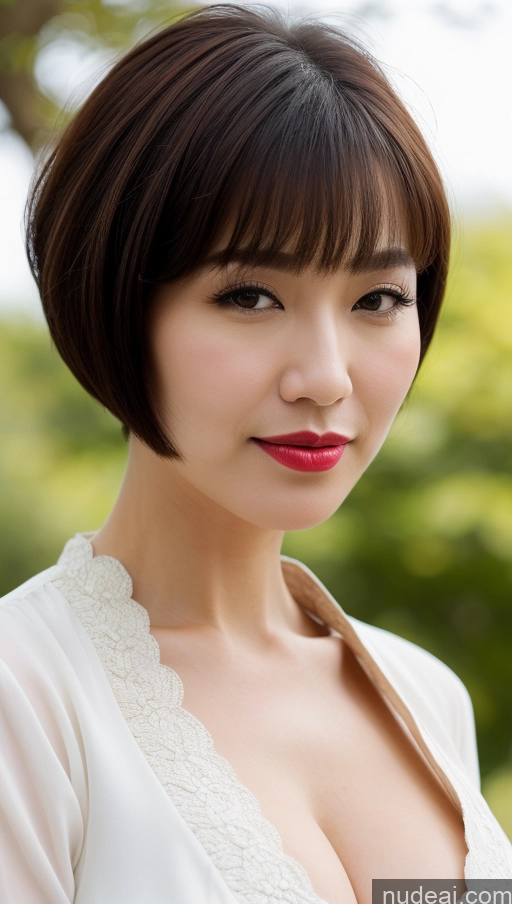 ai nude image of arafed asian woman with a white blouse and red lipstick pics of Woman One Huge Boobs Beautiful Lipstick Fairer Skin 40s Short Hair Korean Close-up View Detailed Dress Traditional