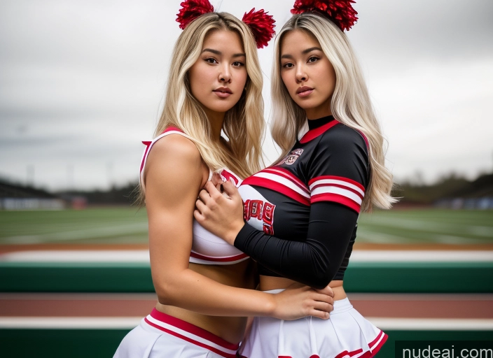 ai nude image of two women in cheerleader outfits posing for a picture on a baseball field pics of Athlete Two Huge Boobs Busty Big Ass Big Hips Short Perfect Body 18 White Hair Long Hair Korean Cheerleader Microskirt