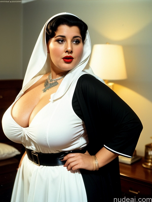 ai nude image of arafed woman in a nun costume posing for a picture pics of Busty Short Vintage Bedroom Front View Dark Lighting Jewelry Lipstick High Heels 60s Shocked Woman Laughing Hair Bun Dress Gloves Nun 80s Big Ass Chubby Fat Thick Arabic White Hair