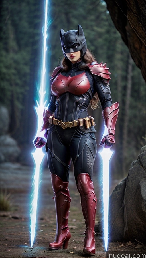 ai nude image of batman cosplaying with lightning and a batwoman costume pics of Mech Suit Fantasy Armor Sci-fi Armor Batwoman Muscular Abs Perfect Boobs Neon Lights Clothes: Purple Has Wings Bodybuilder Lipstick Powering Up