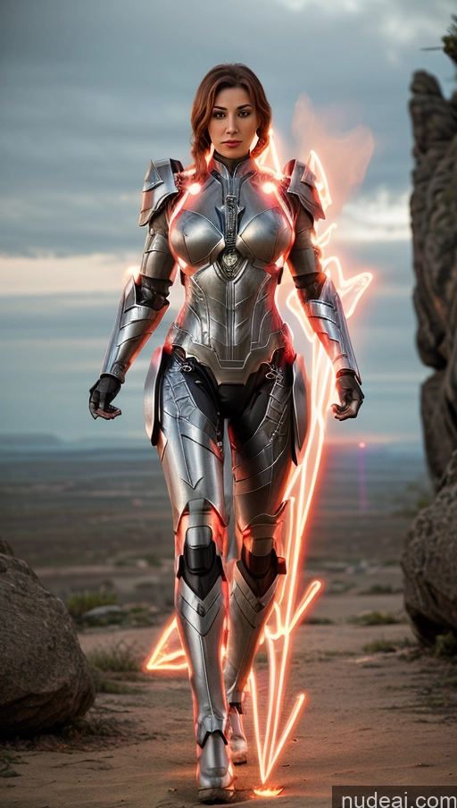 ai nude image of arafed woman in a futuristic suit walking on a dirt road pics of Mech Suit Fantasy Armor Sci-fi Armor Muscular Abs Perfect Boobs Neon Lights Clothes: Purple Has Wings Lipstick Powering Up Heat Vision Dynamic View Cyborg Mary Thunderbolt