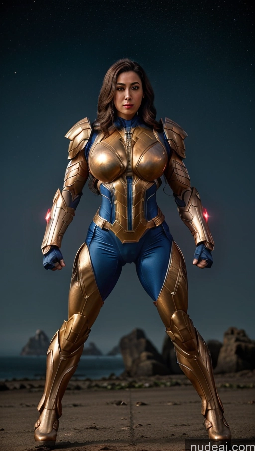 ai nude image of arafed woman in a gold and blue costume posing for a picture pics of Mech Suit Sci-fi Armor Muscular Abs Perfect Boobs Has Wings Lipstick Powering Up Mary Thunderbolt Bodybuilder